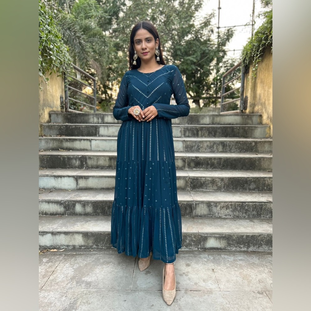 EXCLUSIVE DESIGNER FRILLED LAYER GOWN WITH EMBRIODERY WORK